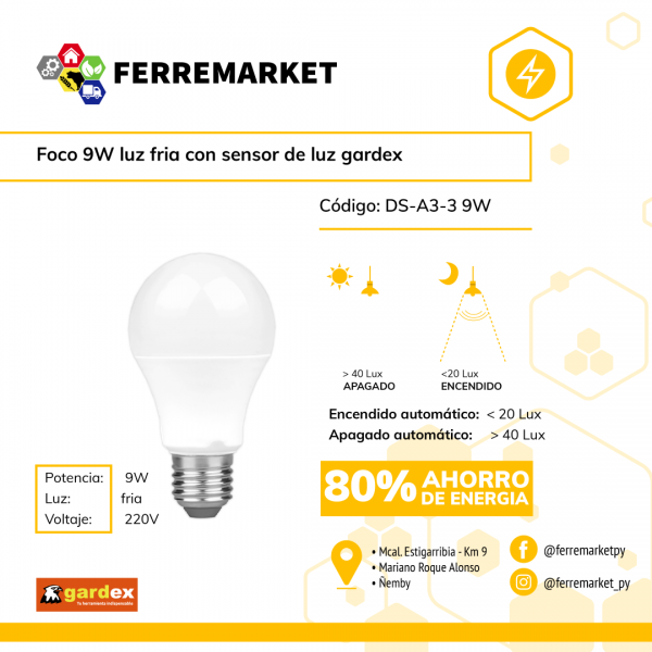 FOCO 9W LUZ FRIA CON SENSOR DE LUZ GARDEX