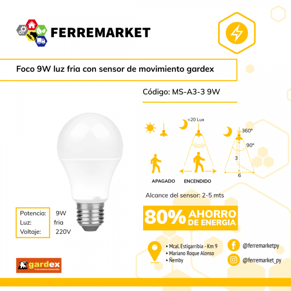 FOCO 9W LUZ FRIA CON SENSOR DE MOVIMIENTO GARDEX